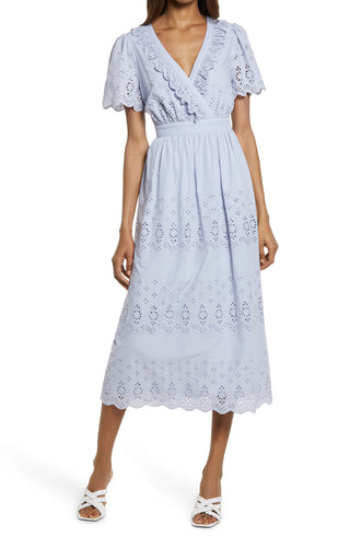 Floret Studios Blue Cotton Eyelet Midi Dress - Medium