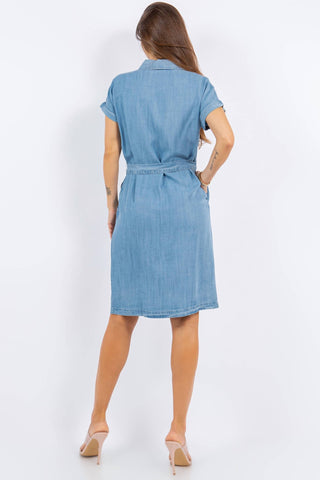 Paparazzi - Tencel Denim Short Sleeve Shirt Dress With Belt