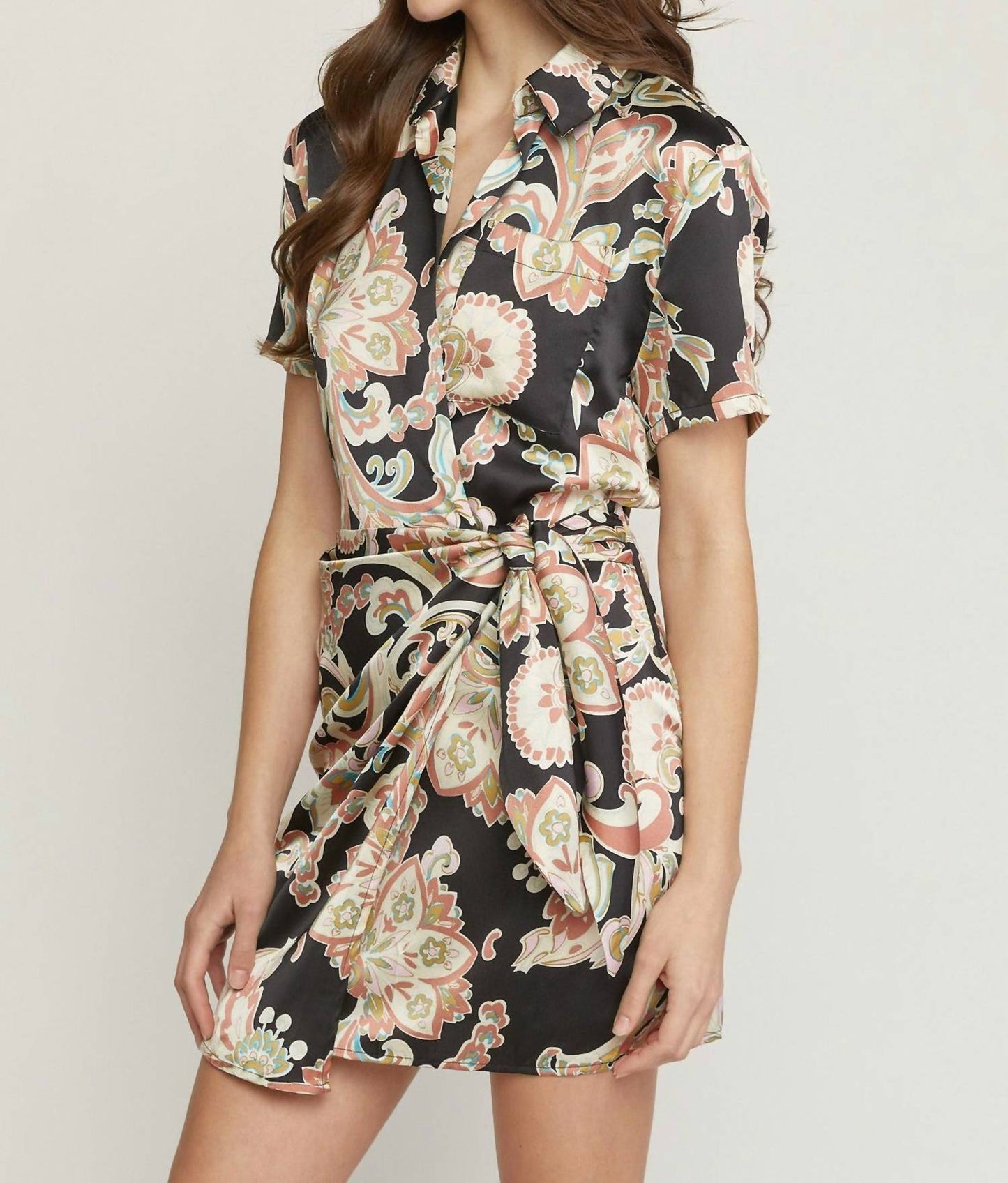 Entro - Satin Paisley Short Faux Wrap Dress