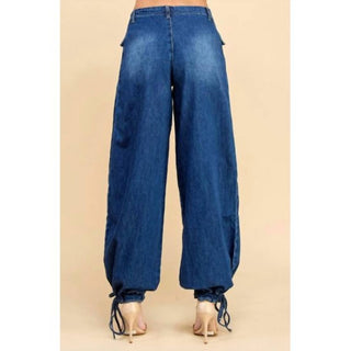 Veveret - Drawstring Hem Wide Leg Denim Pants