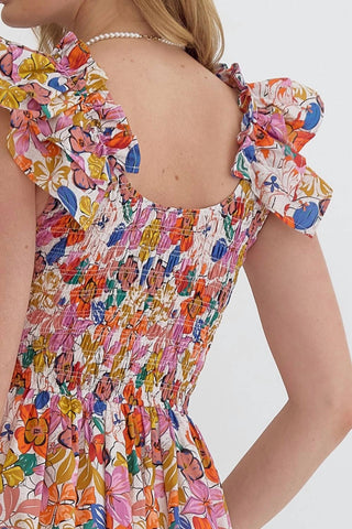 Entro - Blooming Beauty Mini Dress with Ruffle Detail And Smocked Bodice