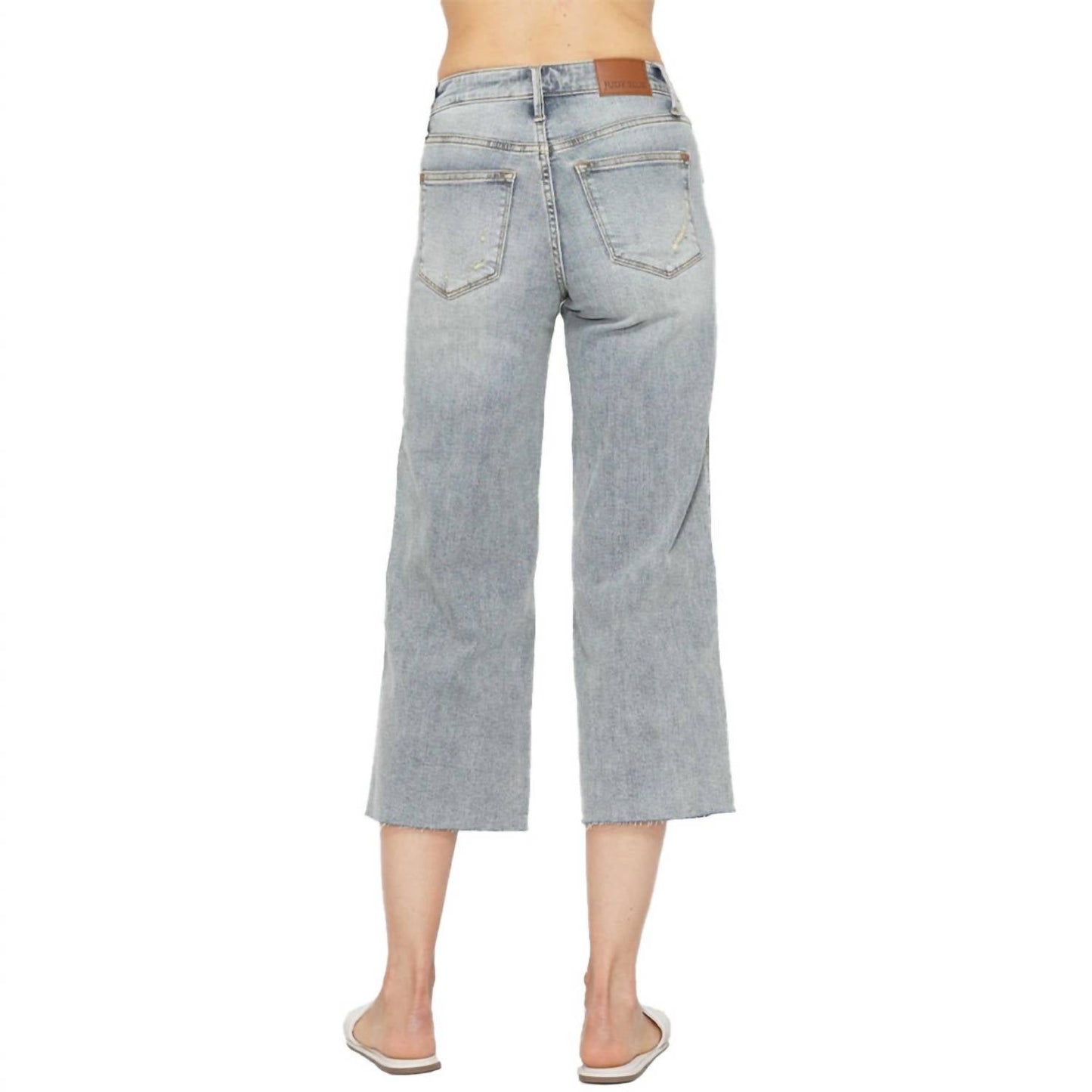 Judy Blue - Midrise Tummy Control Raw Hem Wide Leg Crop Denim