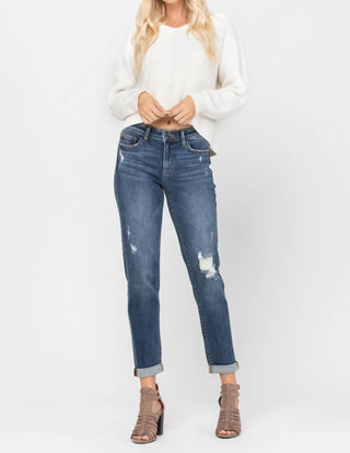 Judy Blue - Destroyed Cuffed Mid Rise Slim Fit Denim Jeans