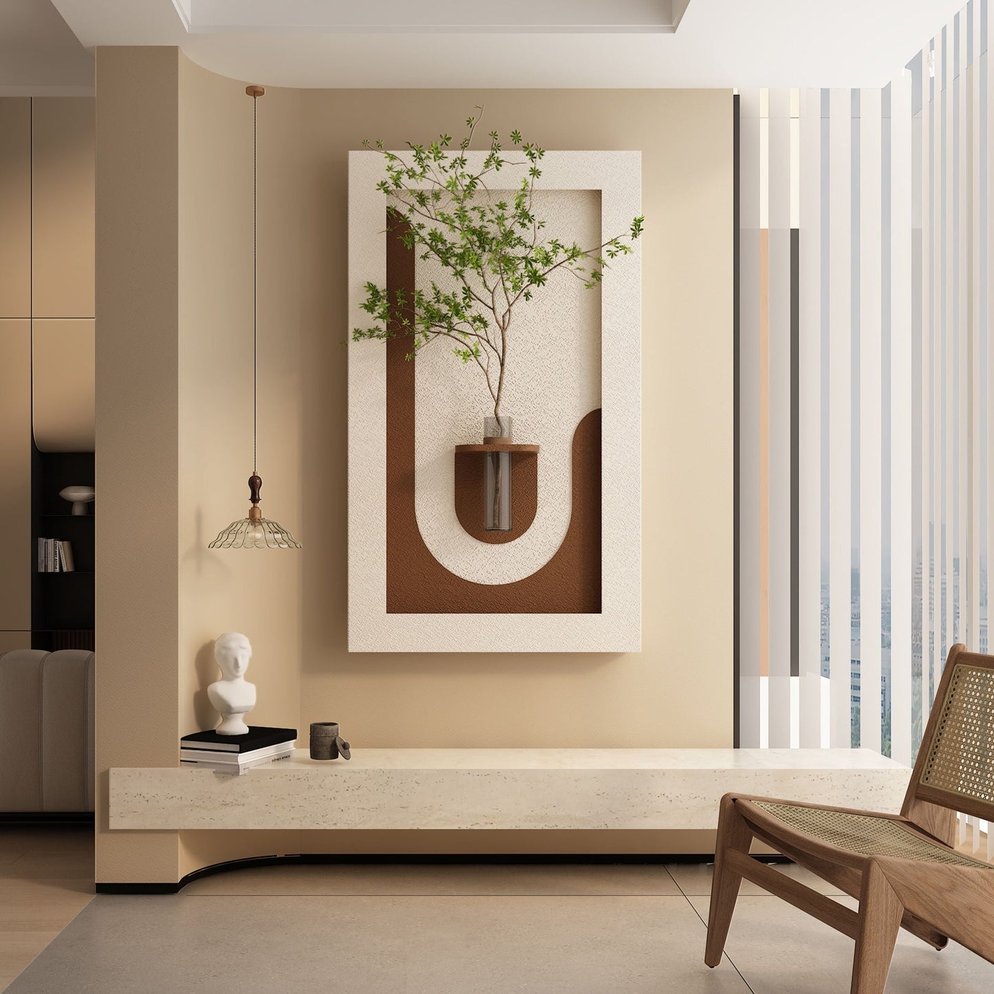 Adjustable 3 Color LED Sandstone Wall Decor with Simulated Plants, Vase & Rabbit Statue