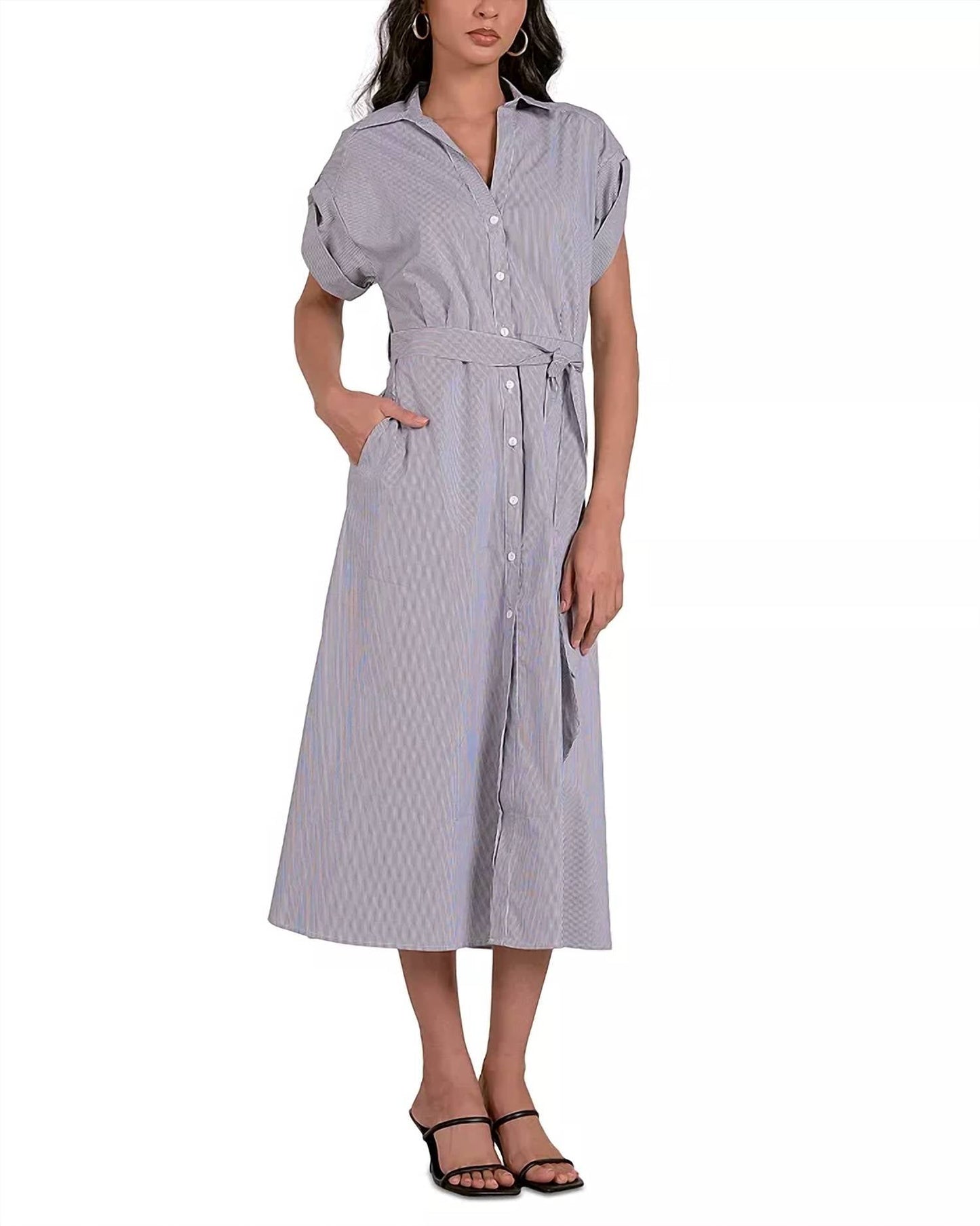 Elan - Collared Striped Midi Dress