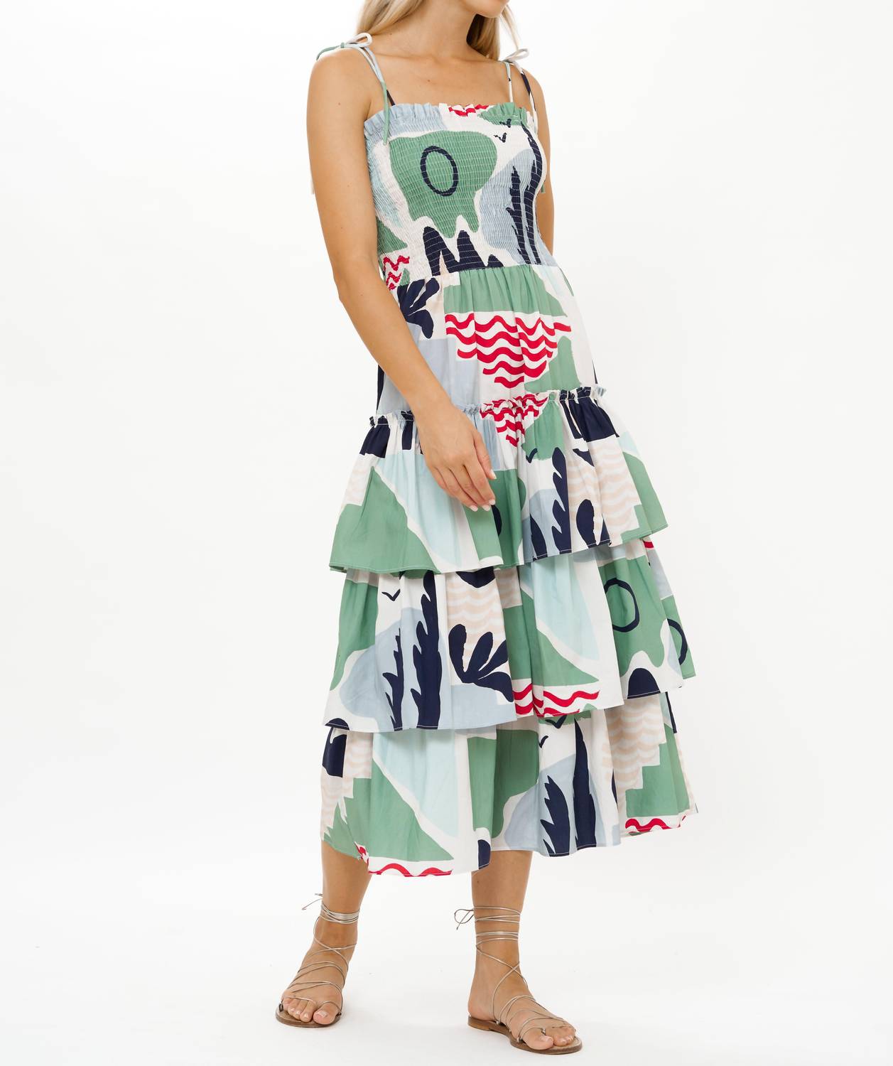 Oliphant - Smocked Tie Strap Ruffle Midi Dress