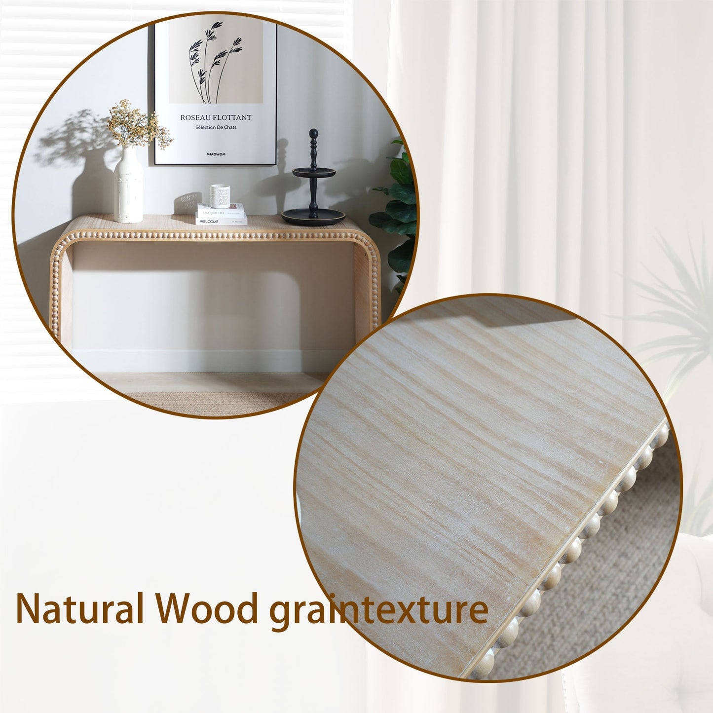 59in Console Table with Wood Beads and Curved Waterfall-Style Frame