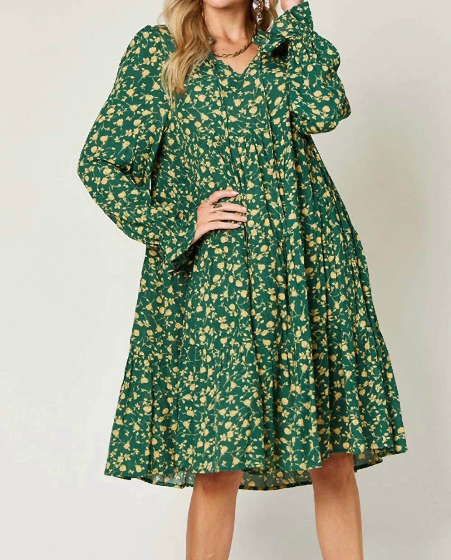 Double Take - Full Size Printed Ruffle Hem Long Sleeve Tiered Dress