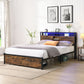 Modern Metal Platform Bed Frame with Wooden Headboard and Storage