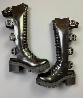 Jeffrey Campbell - Women's Tank Girl Back Buckle Cut Out Lace Up Chunky Heeled Boot Combat