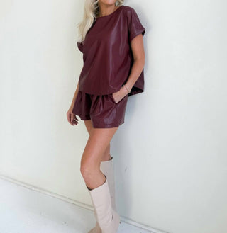 Klesis - Faux Leather Oversized Top And Shorts Set