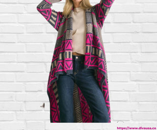 Davi & Dani - Printed Shawl Fringed Hem Cardigan