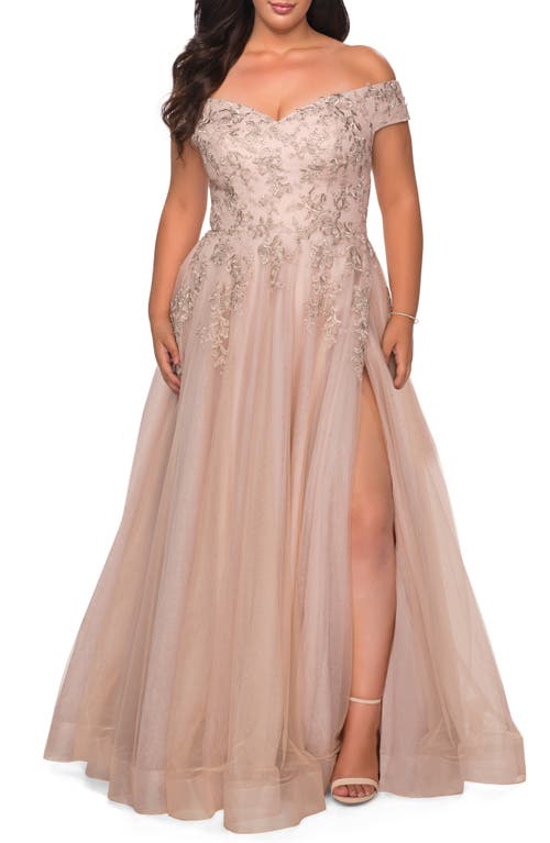 La Femme Lace & Tulle Off-Shoulder Gown in Champagne, Size 14W