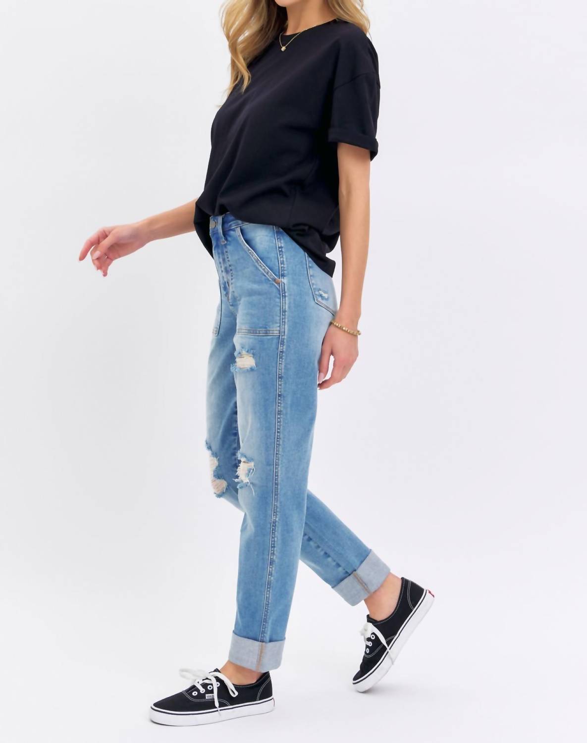 Judy Blue - High Rise Patch Pocket Distressed Cuffed Boyfriend Jeans