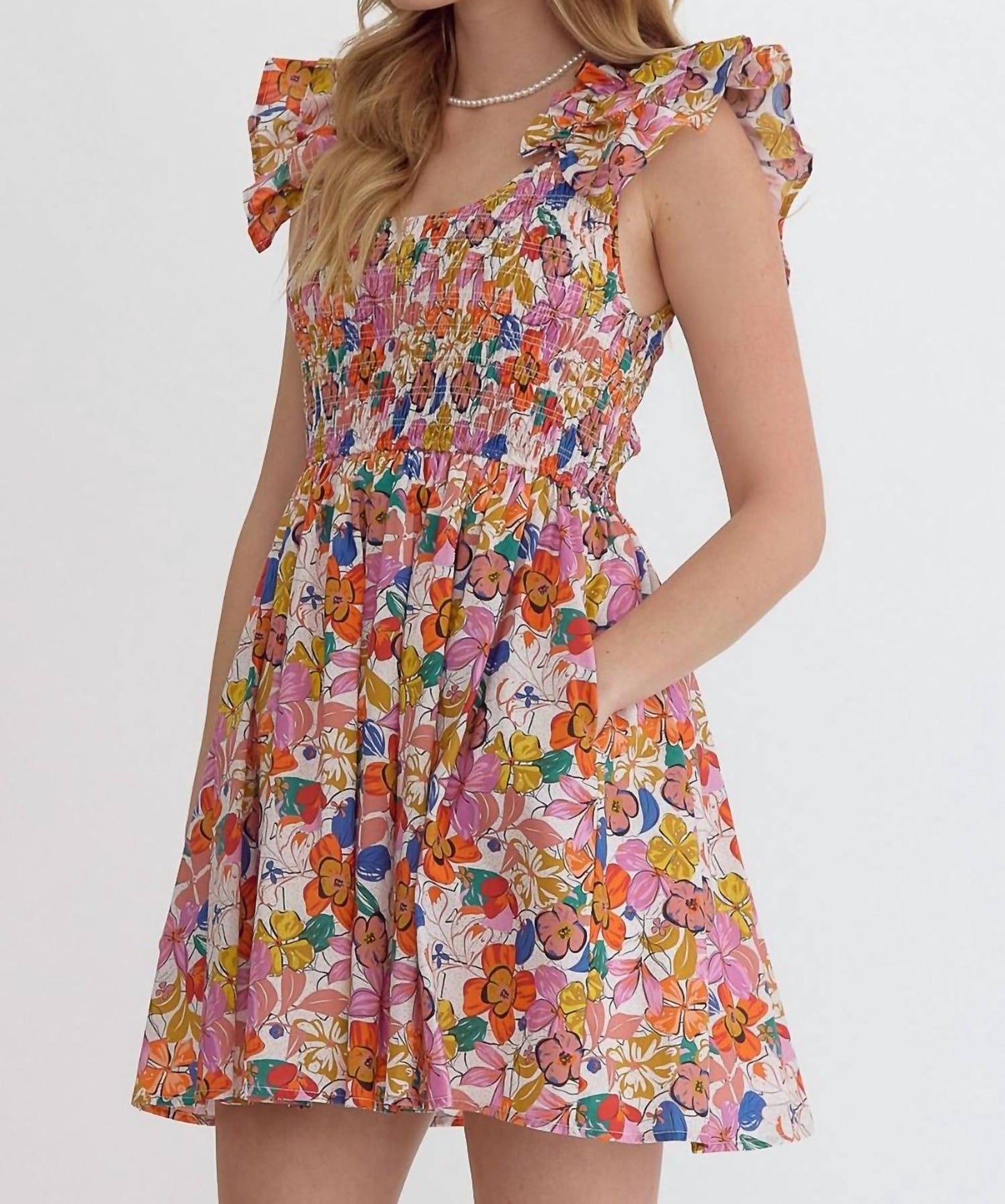 Entro - Blooming Beauty Mini Dress with Ruffle Detail And Smocked Bodice