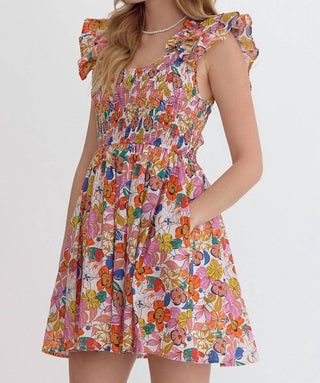 Entro - Blooming Beauty Mini Dress with Ruffle Detail And Smocked Bodice