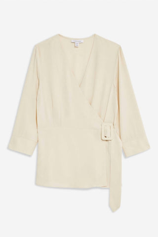 Topshop - V-Neck 3/4 Sleeve Belted Crepe Wrap Blouse