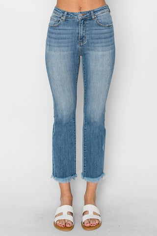 Risen - Mid-Rise Raw Hem Straight Jeans