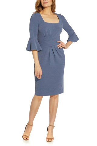 Adrianna Papell - Square Neck 3/4 Bell Sleeves Metallic Knit Dress