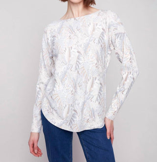 Charlie B - Foliage Print Boat Neck Blouse