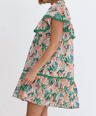 Entro - Leaf Print V-Neck Mini Dress