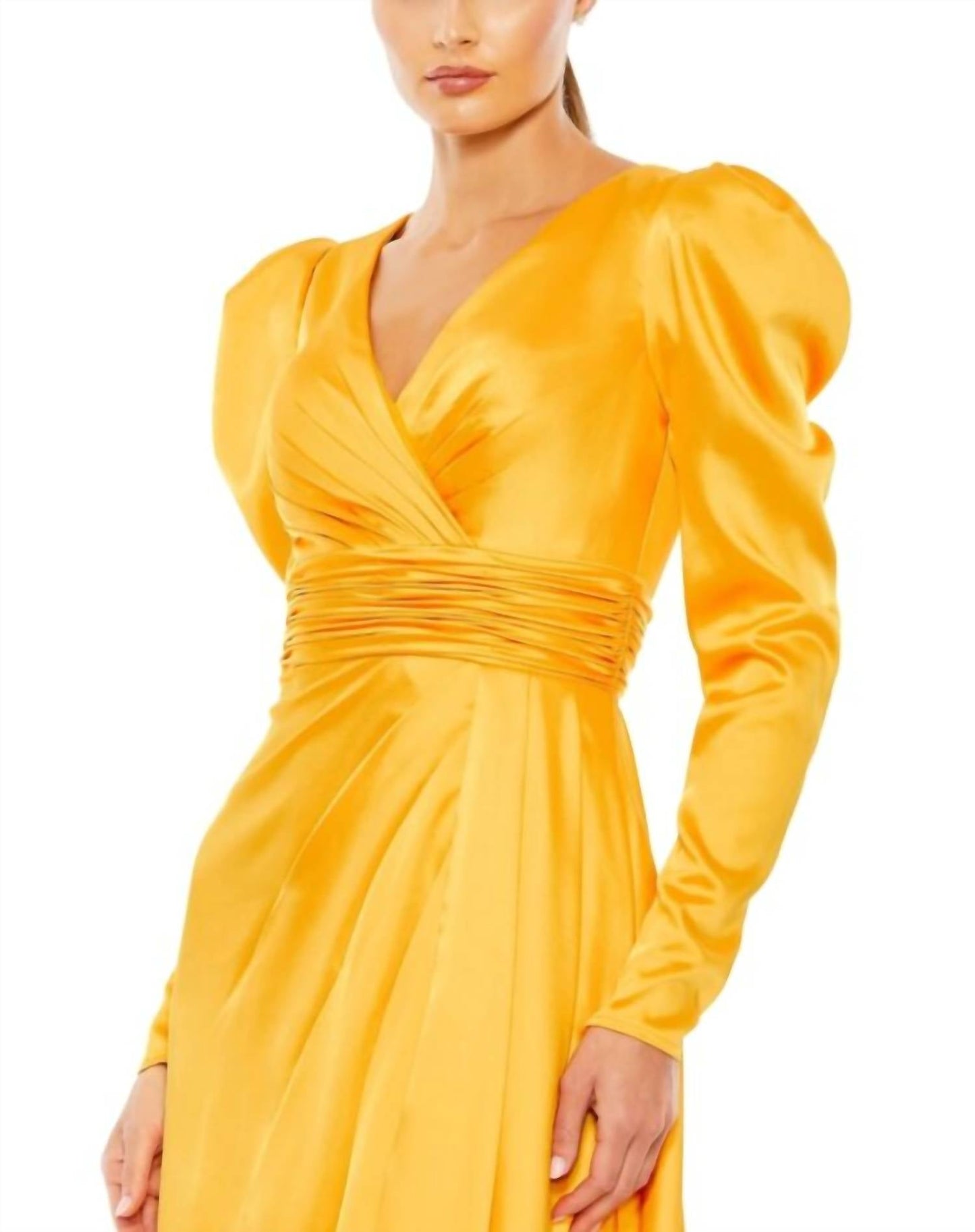 Mac Duggal - V Neckline Long Puff Sleeves Maxi Column Gown