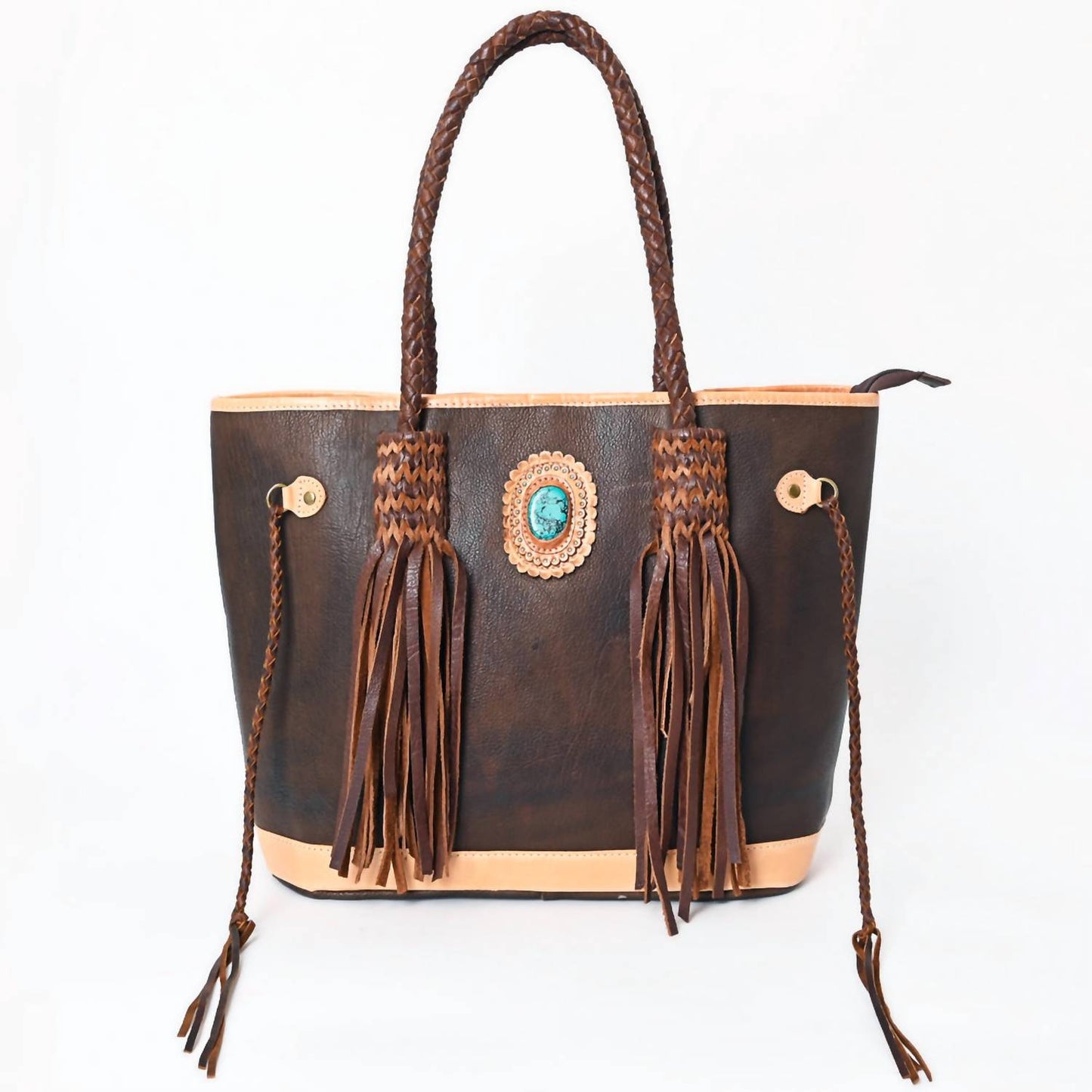 American Darling - Women's Braided Leather Turquoise Fringe Shoulder Tote Bag