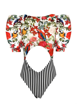 Lia Sahara - Women's Cut Out One Piece + Puffed Short Sleeves