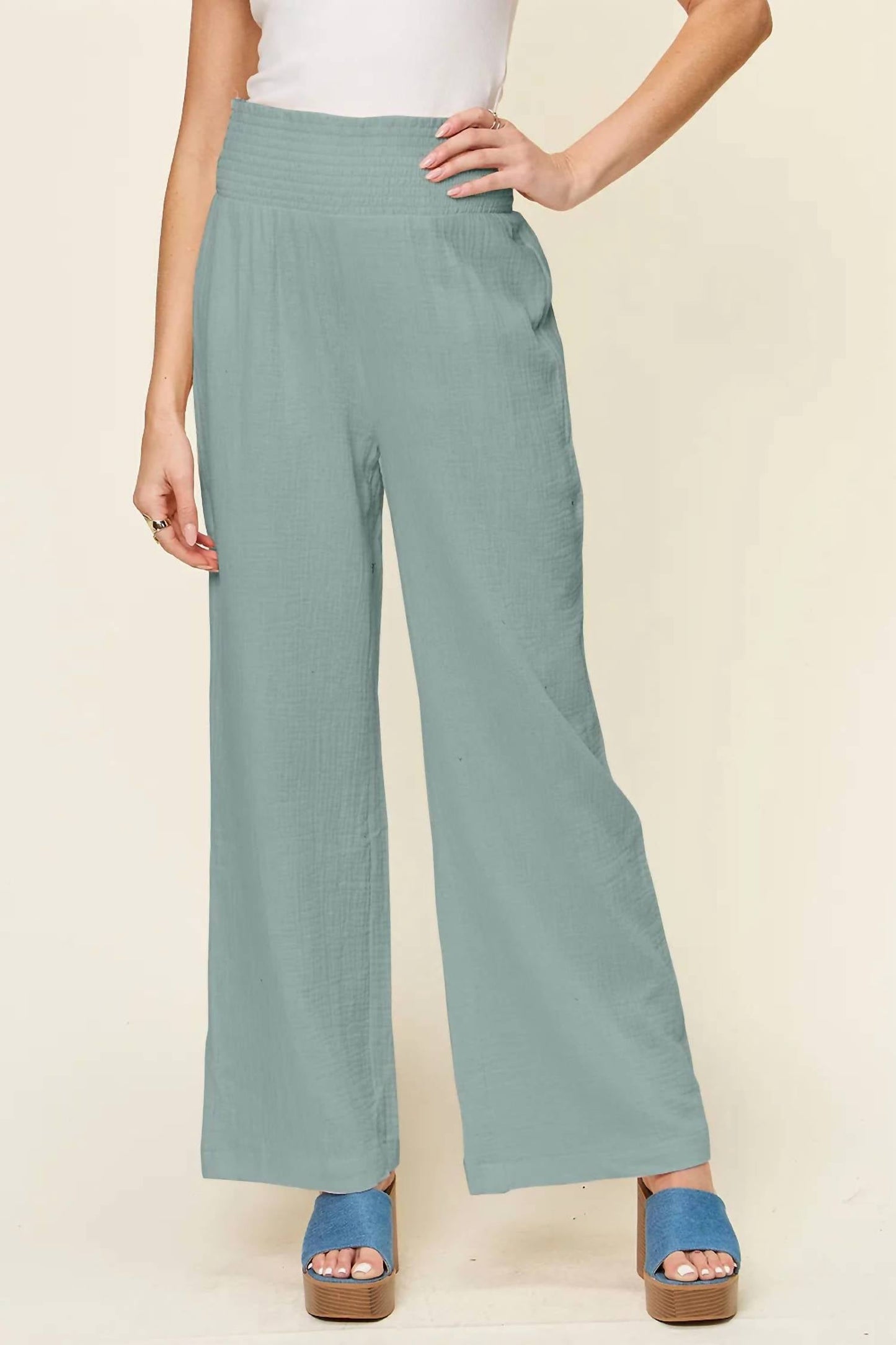 Double Take - Women's Full Size Texture Smocked Waist Wide Leg Pants