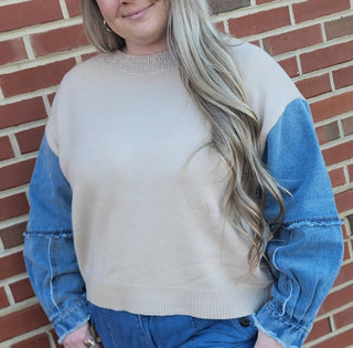 Anniewear - Denim Sleeve Contrast Distressed Sweater Top