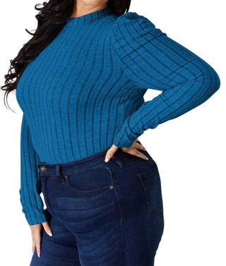 Trendsi - Ribbed Mock Neck Top With Puff Sleeves