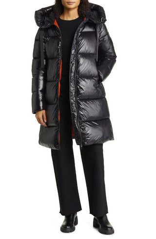 Save The Duck Isabel Quilted Water Resistant Longline Puffer Coat in Black, Size Medium