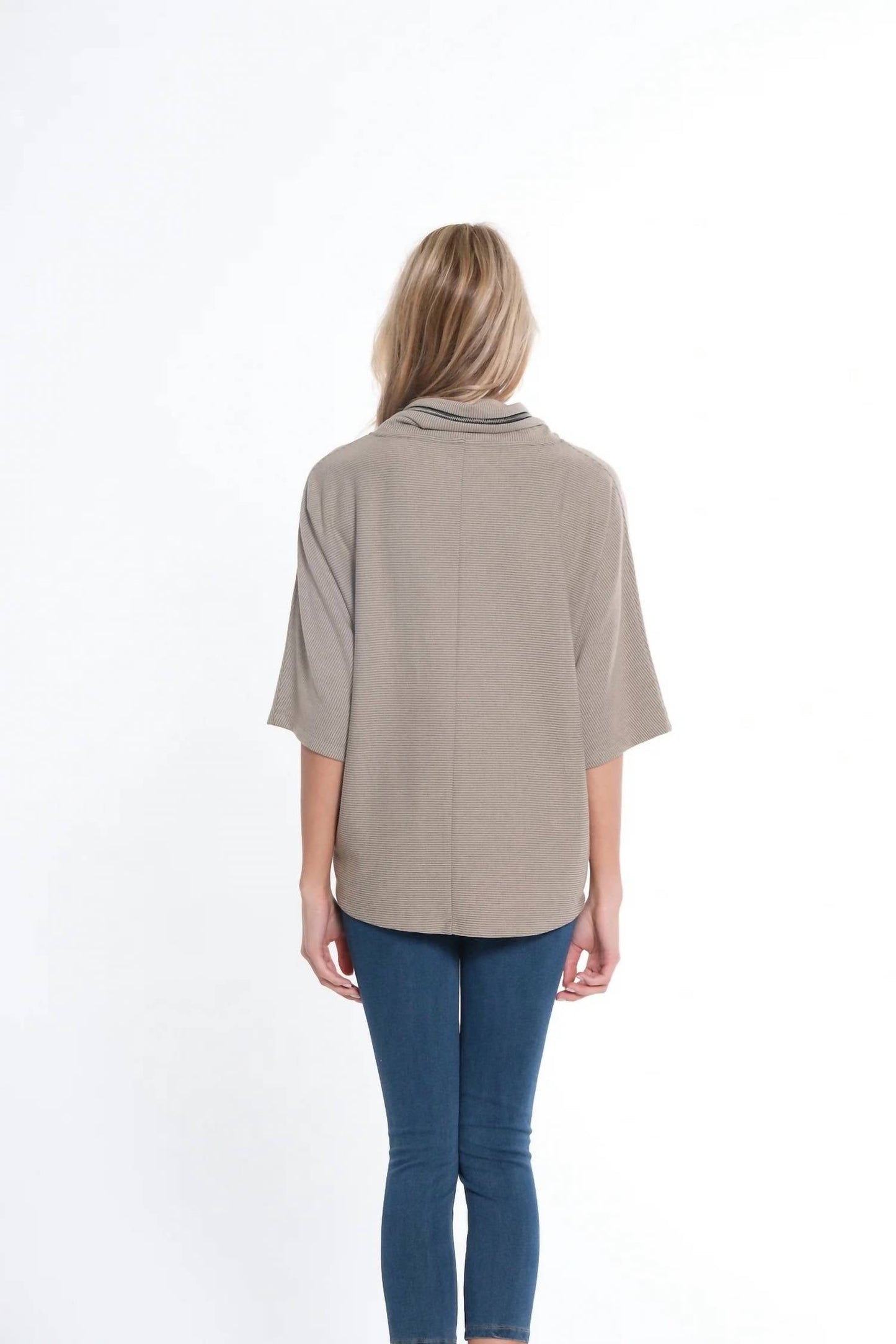 Multiples - Elbow Dolman Sleeve Zip Cowl Collar Hi-lo Top