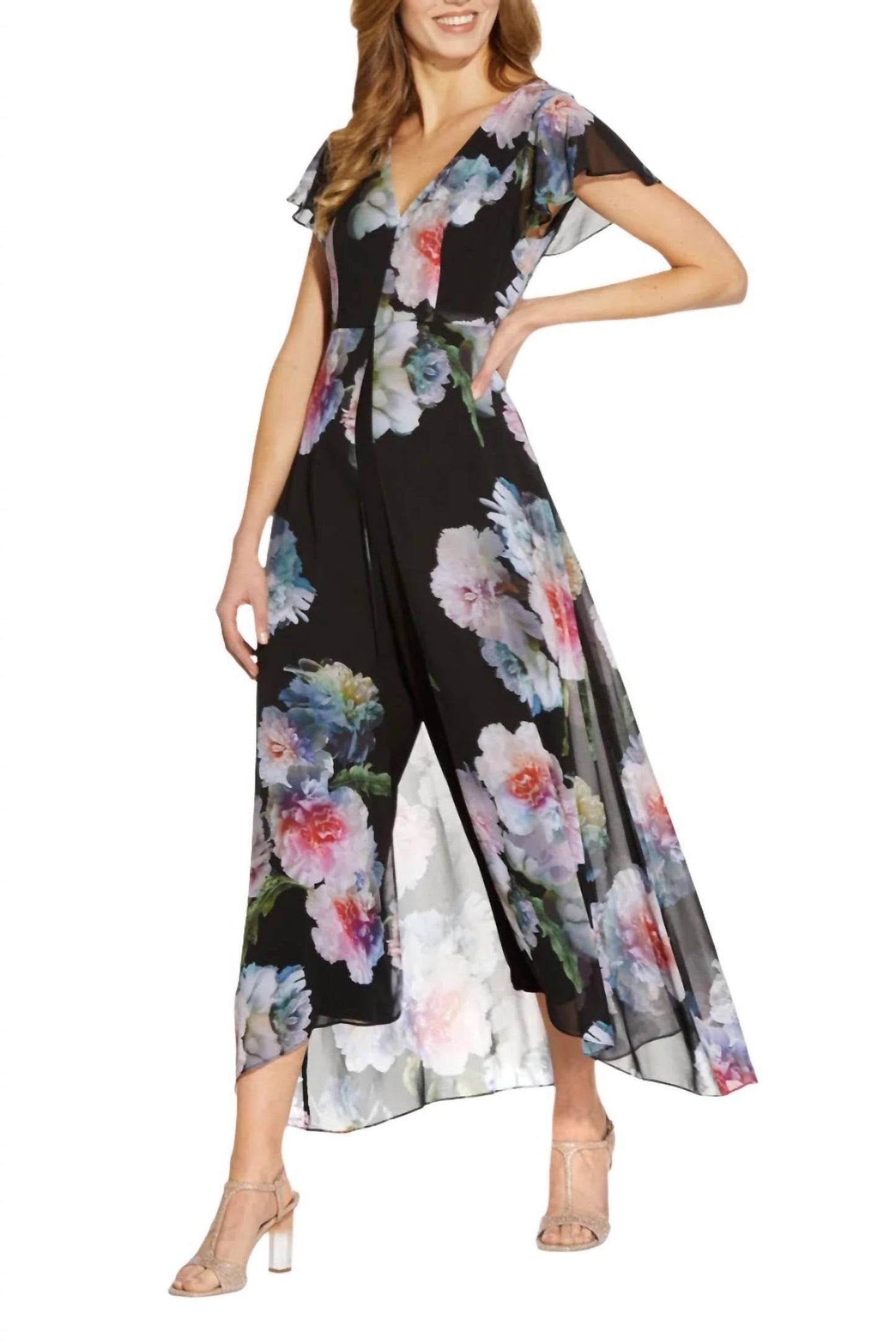 Adrianna Papell - V-neck Short Sleeves Chiffon Overlay Jumpsuit