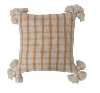 Creative Co-Op - Square Woven Cotton Slub Plaid Pillow With Tassels