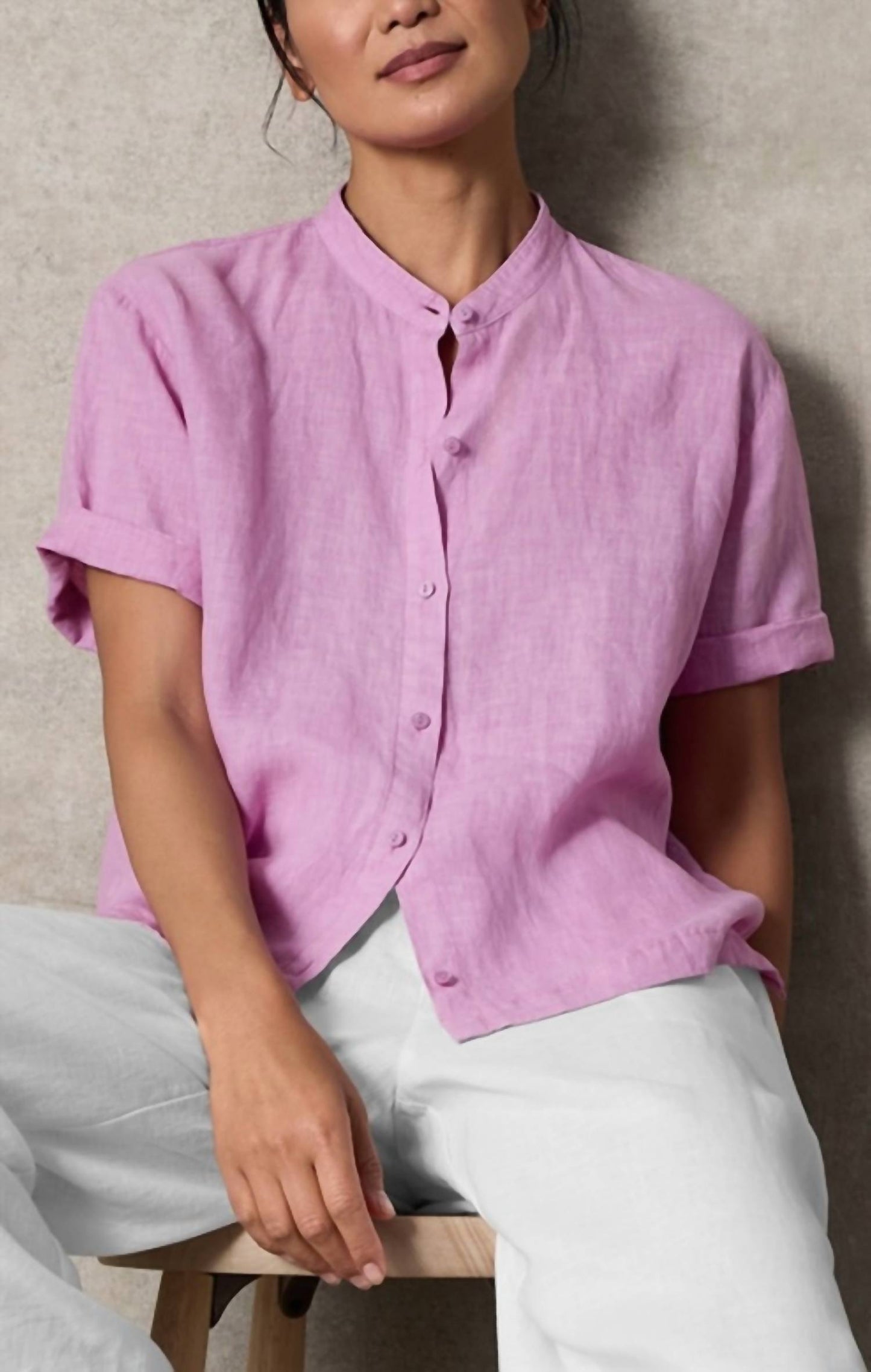 Eileen Fisher - ORGANIC HANDKERCHIEF LINEN BAND COLLAR SHIRT