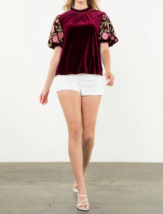 Thml - Embroidered Velvet Puff Sleeve Top