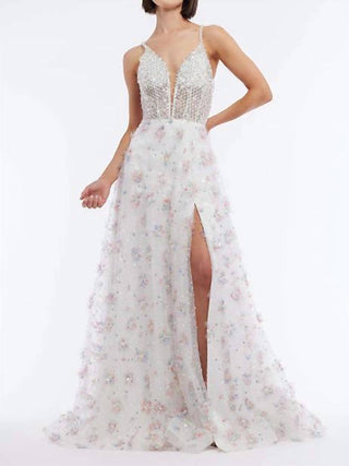 Vienna Prom - Floral Plunging V-neckline A-line Long Gown