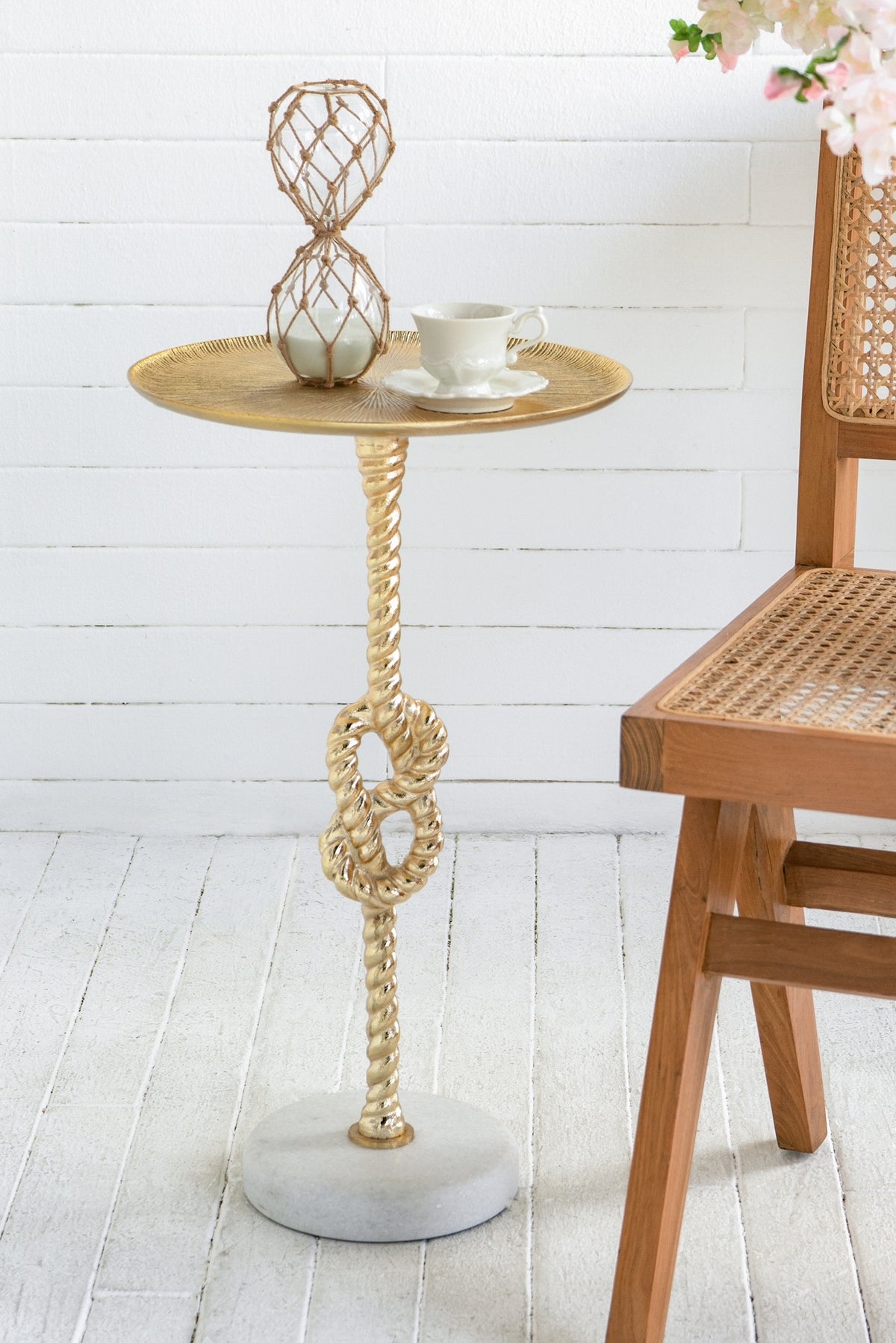 13.8x13.8x24 Gold Side Table with Rope Knot Design and White Marble Base