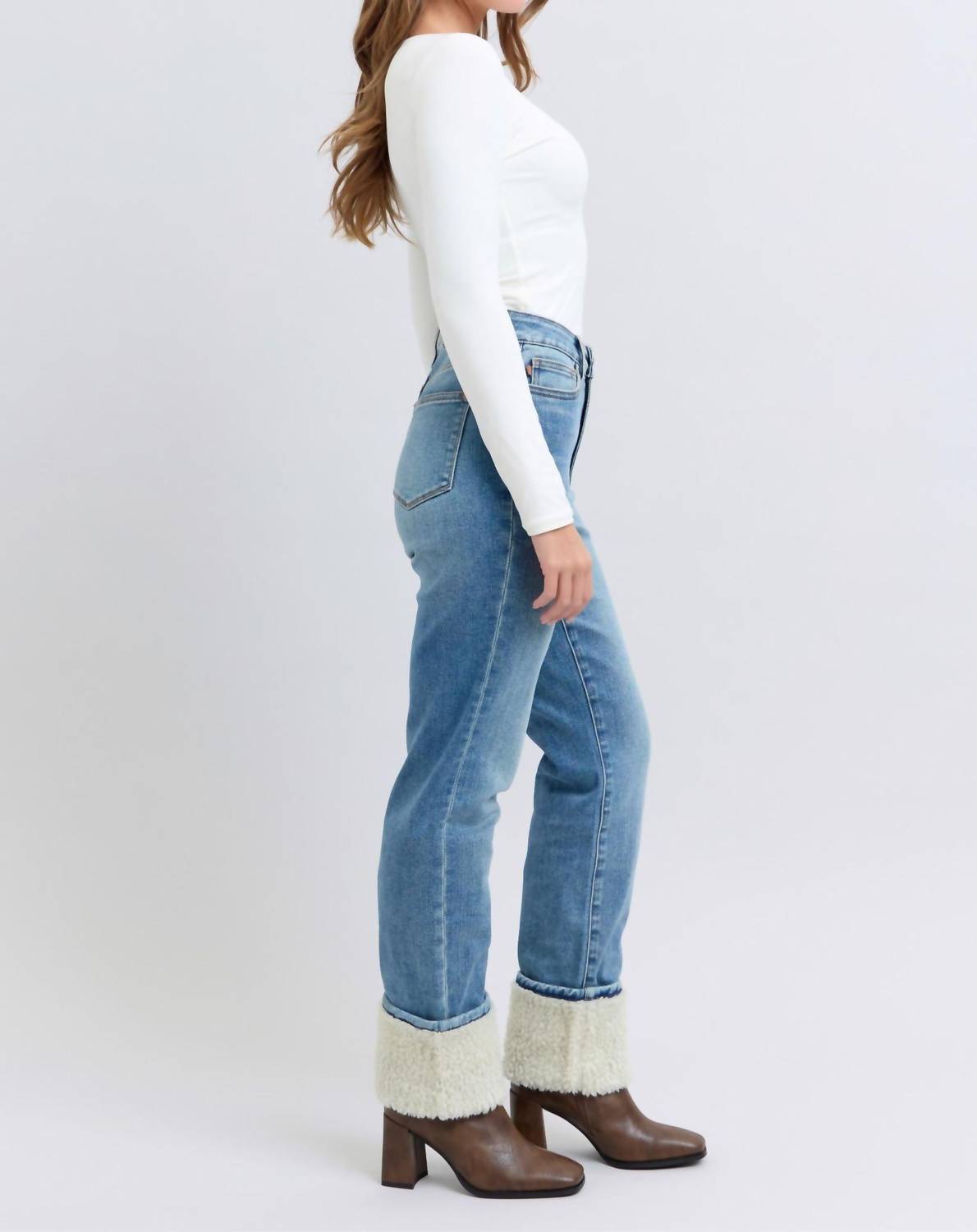 Judy Blue - High Waist Shearling Cuff Straight Leg Jeans