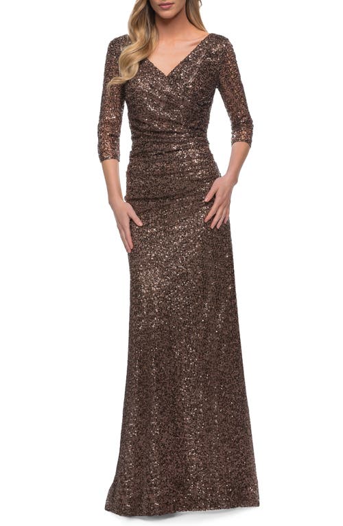 La Femme Ruched Sequin Gown in Bronze, Size 14