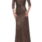 La Femme Ruched Sequin Gown in Bronze, Size 14