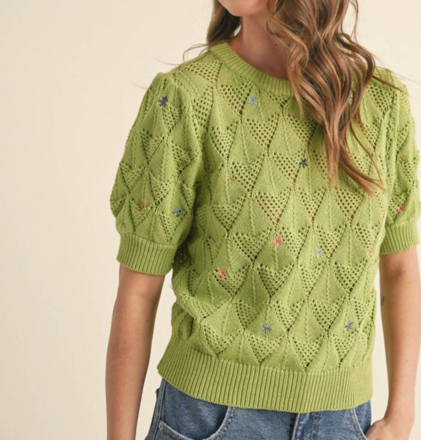 &Merci - embroidered flower short sleeve sweater