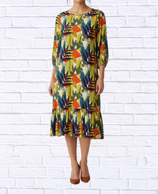 Calypso - Abstract Leaf Print Woven Midi Dress