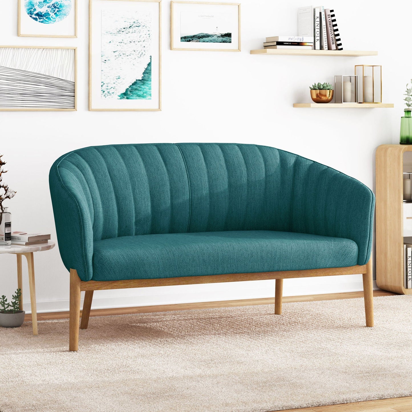 Mid Century Modern Loveseat With Channel Stitched Backrest