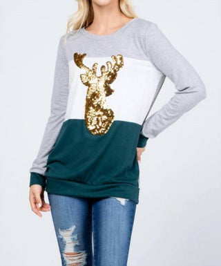 Acting Pro - Plus Christmas Reindeer Sequin Long Sleeve Top