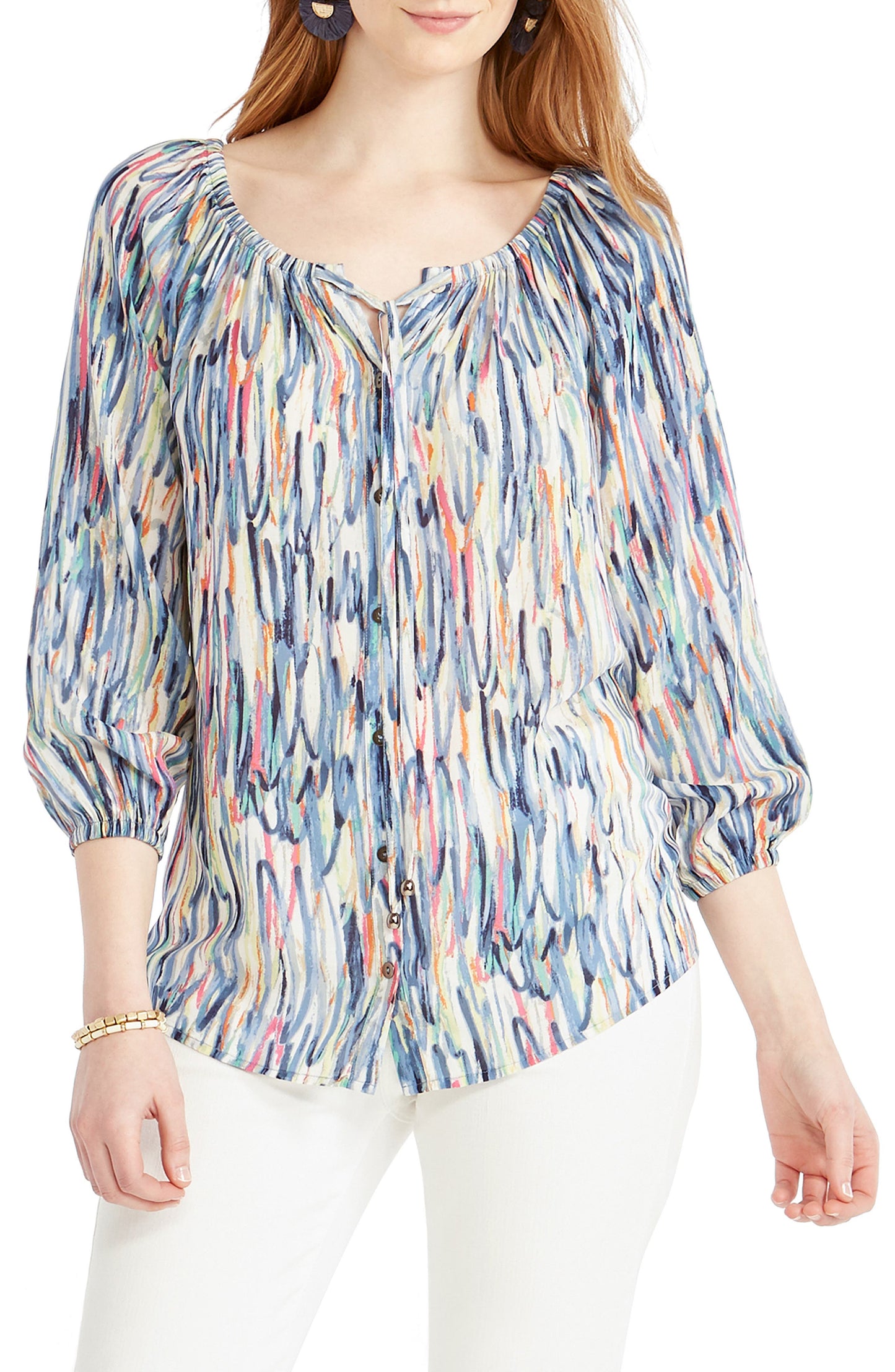 NICZOE Toucan Peasant Blouse - Blue Multi