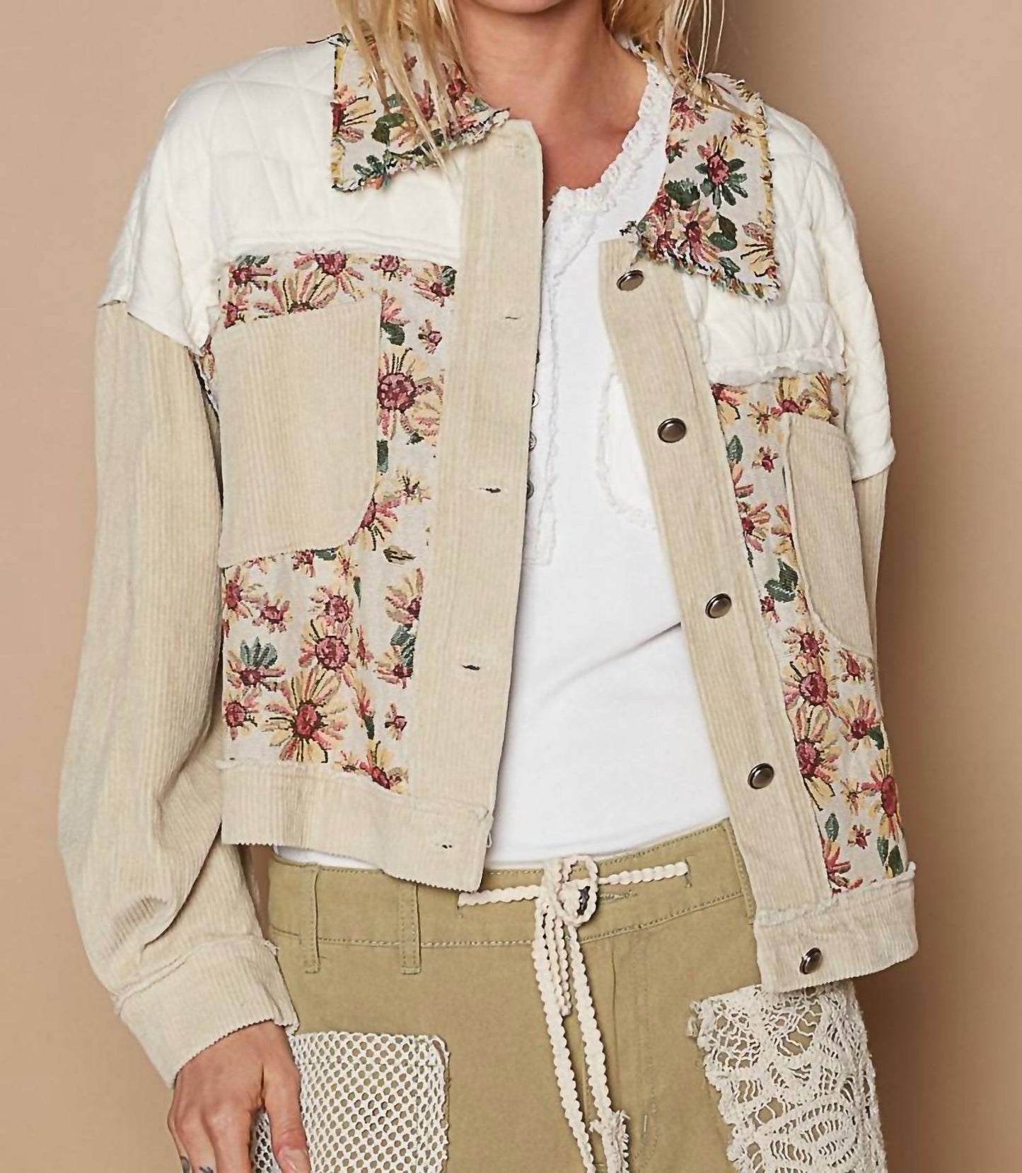 Pol - Contrast Quilt Panel Corduroy Jacquard Jacket