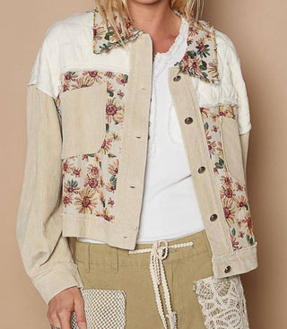 Pol - Contrast Quilt Panel Corduroy Jacquard Jacket