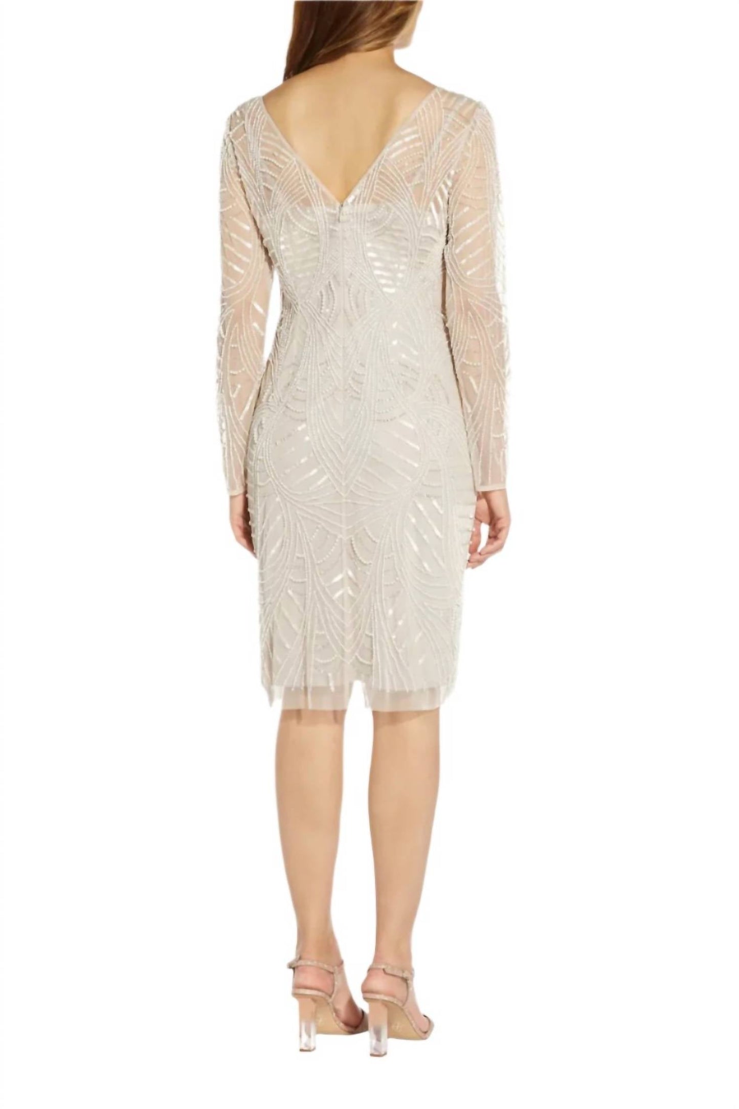 Adrianna Papell - Long Sleeve Embellished Mesh Dress